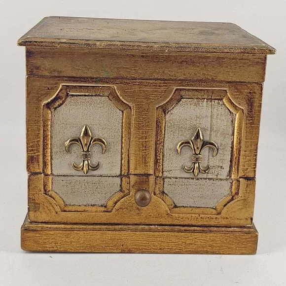 Vintage hand painted tole style wood gold jewelry music box - Picture 1 of 7